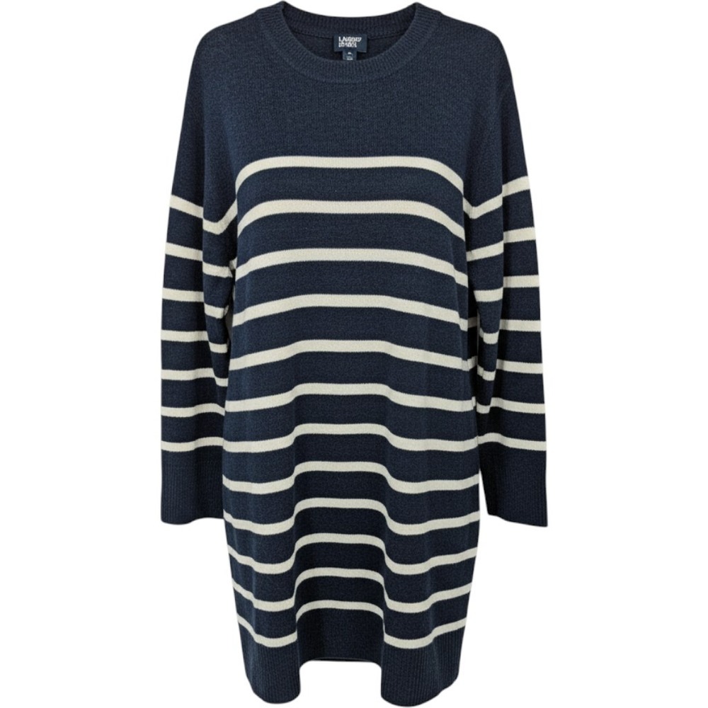 Lands End Sweater Dress Women XL Navy White Striped Long Sleeve Crew Neck Knit